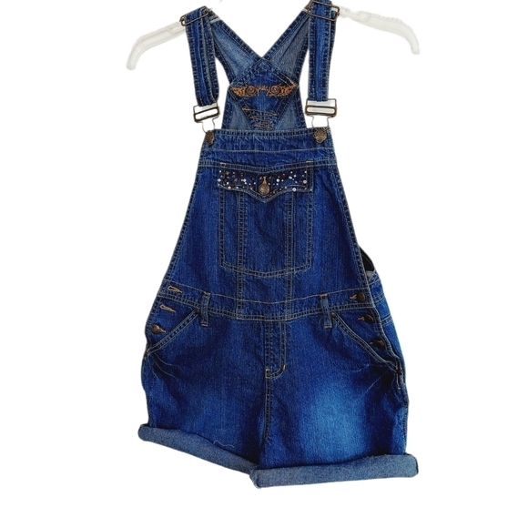 VTG Bib Overall Denim Shortalls Y2K 90's Small Medium ? Embellished Cutoffs - Picture 10 of 14
